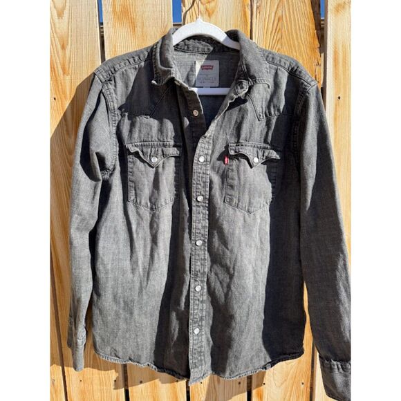 Levi's Standard Fit Bundle of 2 Blue Black Denim Snap Button Up Casual Shirts L - Picture 5 of 7